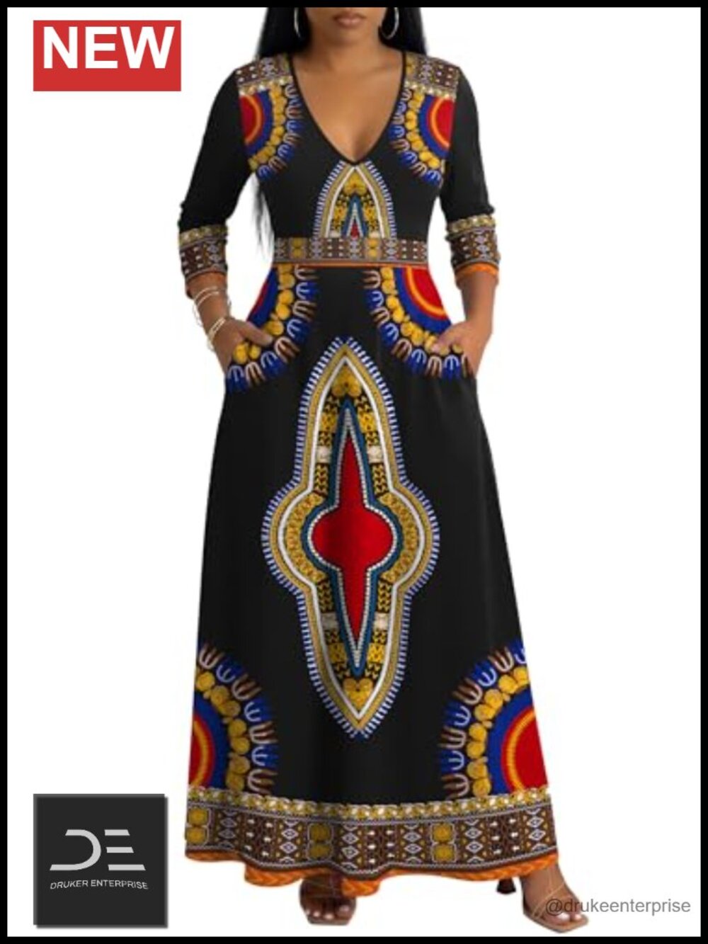 FANDEE Women's Loose Fit V Neck 3/4 Sleeve Maxi Dress Church Casual
